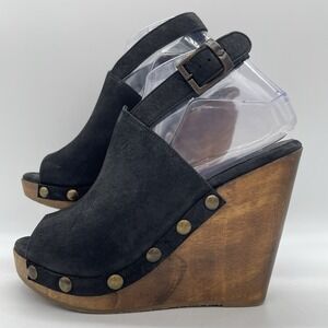 Five Worlds Womens 7 Shoes Wood Platform Studs Wedge Sandals Clogs Peep Toe